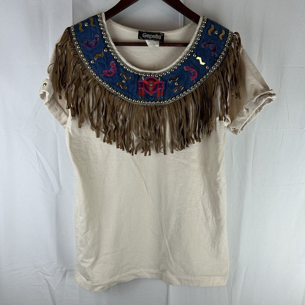 VTG 80s Gepetto Womens Medium T Shirt Beige Rodeo Western Fringe Embroidered USA